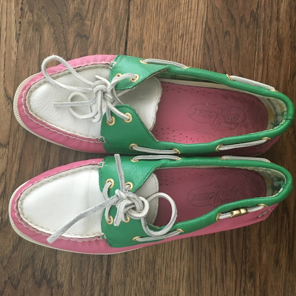 Women's 8M Sperry Top Siders Boat Shoes Pink/Green